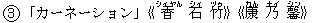 3「カーネーション」《香(シィヤん) 石(シィ) 竹(ヅゥ)》《康(カん) 乃(ナイ) 馨(シン)》
